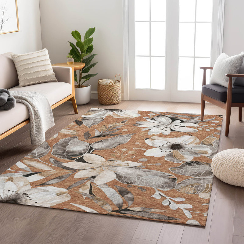 Machine Washable Indoor/Outdoor London ACN2260 Floral Rug, Rectangle 5 pi x 7 pi 6 po