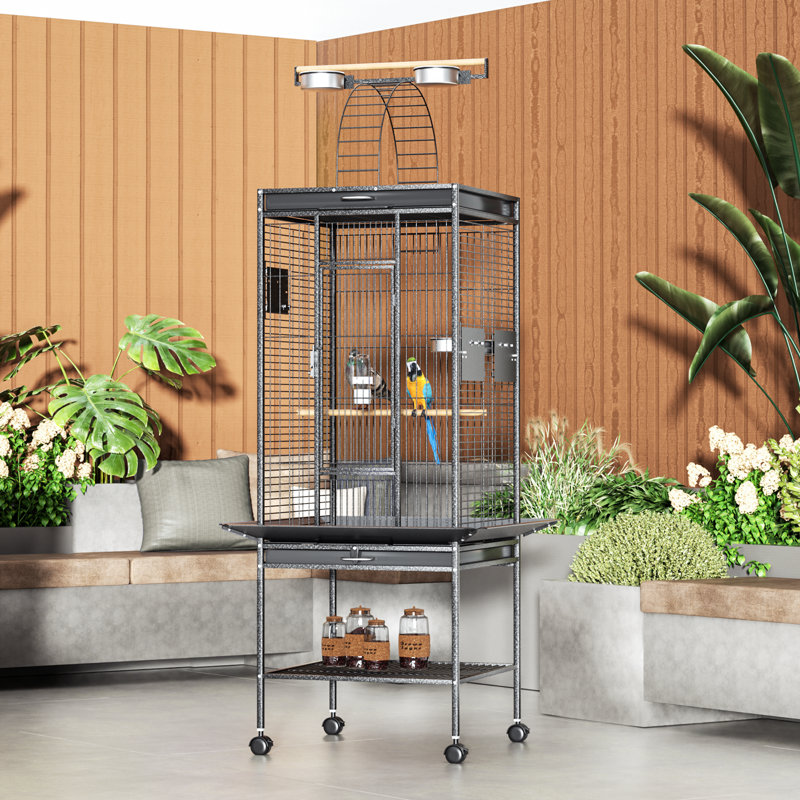 Black 61" Wrought Iron Play Top Bird Cage with Stand