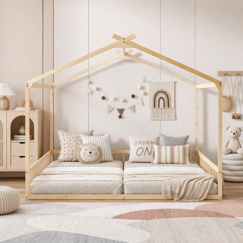 Lit double en forme de maison avec barrières de sécurité, Naturel