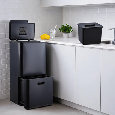 Poubelle de cuisine à double compartiment 16 gallons / 60 L - Poubelle de recyclage intérieure en acier inoxydable, conception coulissante avec seaux amovibles, contrôle des odeurs, bac à compost, résistante aux empreintes digitales, peu encombrante.