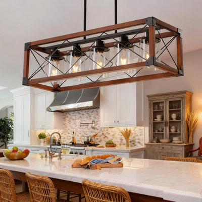 32" Walnut Industrial Farmhouse Rectangle Pendant Light, 5-Light Chandelier