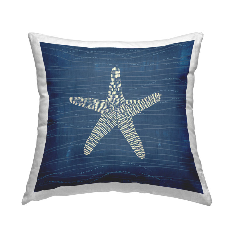 Coussin décoratif étoile de mer sur fond bleu imprimé par Jetty Home, LLC