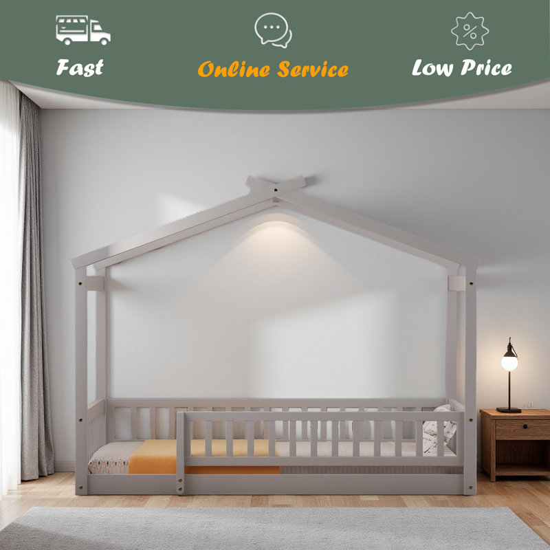 Cadre de lit en bois avec clôture, Lit simple, Gris