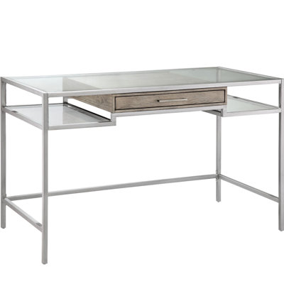 Contemporary Metal Work Desk With Tempered Glass In Silver Writing Desk, Design And Top For A Stylish Home Office
