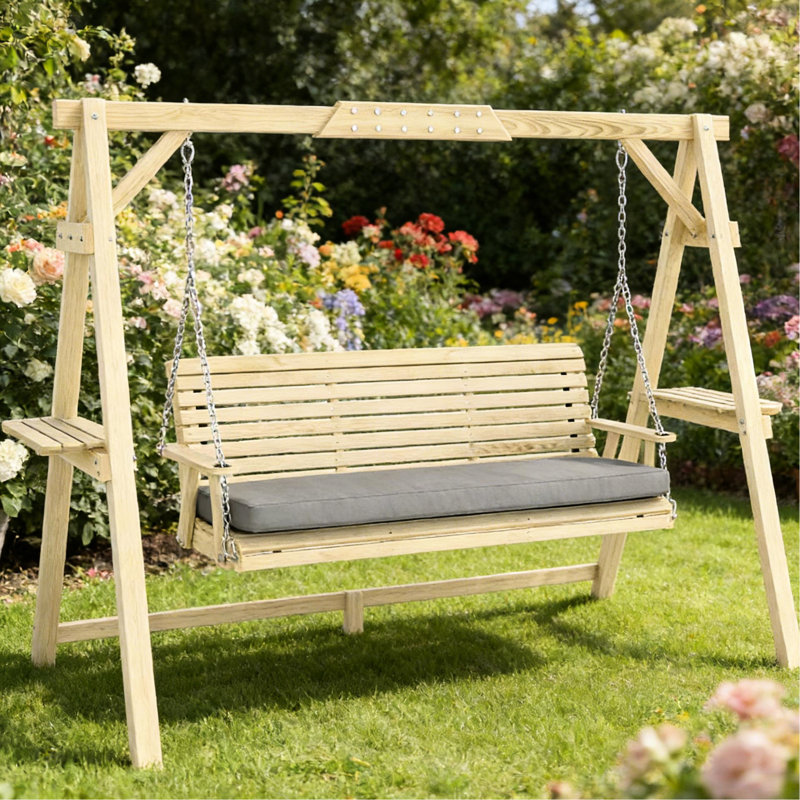 Balancelle de jardin avec structure en bois massif, assise confortable, coussin amovible et structure à mousquetons, hauteur réglable, rembourrage épais