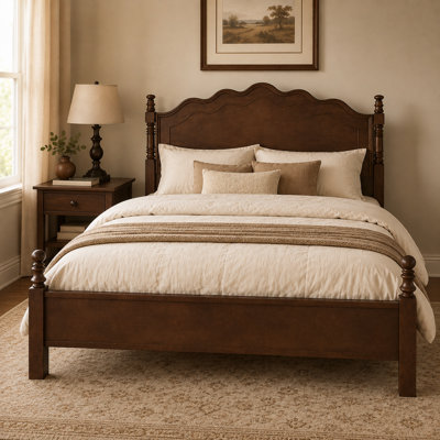 Moorebank Queen Size Classic American Vintage Bed Frame, Wood Platform Bed with Curved Headboard & Spindle Posts, Hidden Hardware, Strong Slat Support, No Box Spring Needed