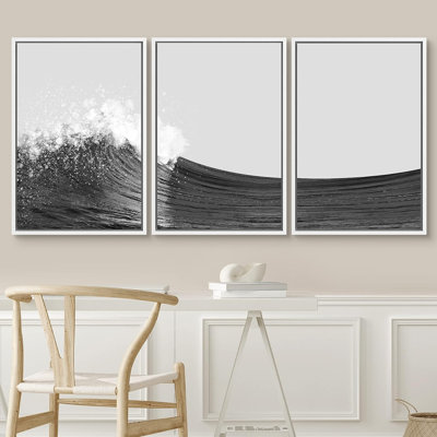 «Coastal Beach», noir et blanc, vagues de l'océan, nature sauvage, illustrations abstraites - ensemble de 3 reproductions de cadres flottants