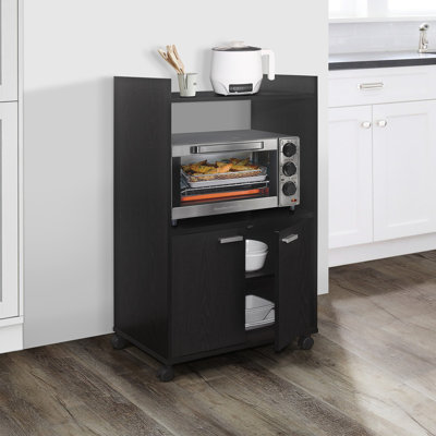 Armoire à micro-ondes 16 po avec rangement et tablette supérieure pour appareils de cuisine Arlindo - Chariot de rangement pour armoire à 2 portes - Chariot de cuisine en bois avec roulettes verrouillables