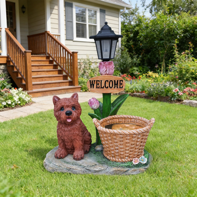 Statue d'extérieur de jardinière solaire chiot assis