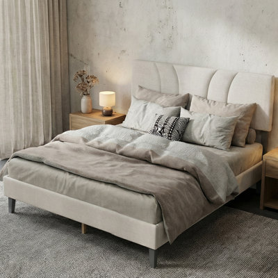 Structure de lit plateforme, avec tête de lit en tissu réglable et support en lattes de bois, aucun sommier requis pour la chambre à coucher