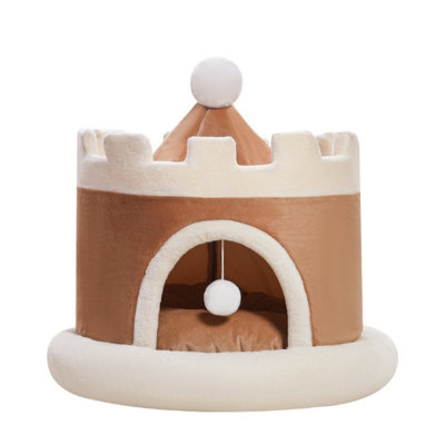 Mignon lit pour animal de compagnie semi-fermé en forme de château, grotte pour chat en peluche chaude avec jouet à pompon suspendu, niche pour animal de compagnie douce et épaisse, nid d'hiver douillet pour chatons, petits chiens de taille moyenne, abri pour animaux de compagnie de style princesse décoratif