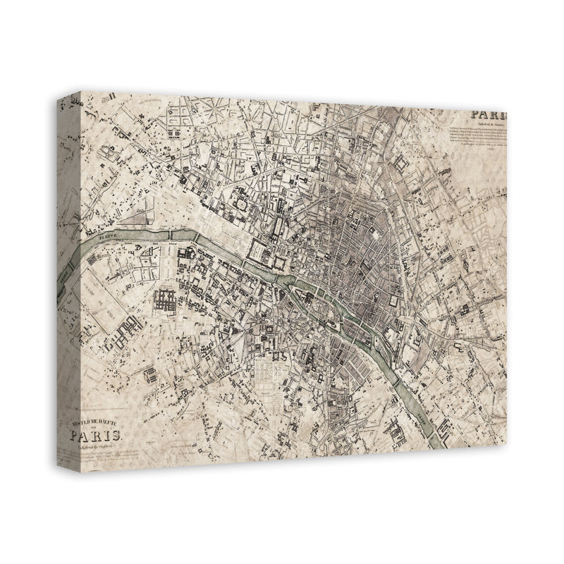 Carte rétro de Paris sur toile, H 16 po x l 20 po x P 1,25 po