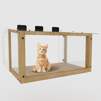 Waterproof Window Cat Perch Catio, Wood Cat Window Box with Safety Net, Indoor Cat Window Seat for Single Hung Windows with 24-35 inch Frame Width, Easy Assembly Cat Balcony
