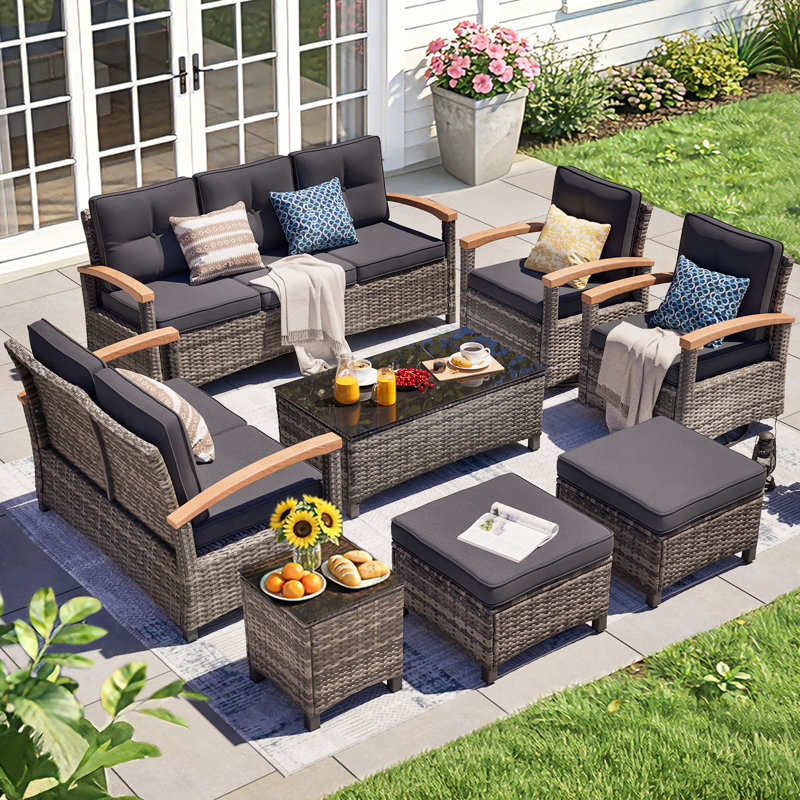 8 Pieces Patio Furniture Sets,Outdoor Rattan Furniture Conversation Sets With 2 Wood Armrests Swivel Rocker Chairs, 2 Ottoman, 2-Seat Sofa And Coffee Table
