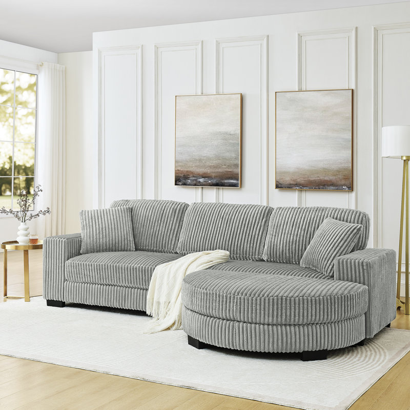 Canapé-lit modulaire en velours côtelé gris, siège en L confortable avec structure en tissu, structure solide, convertible à gauche ou à droite, repose-pieds en forme d'arc pour coussins élégants, structure en bois, méridienne droite, style