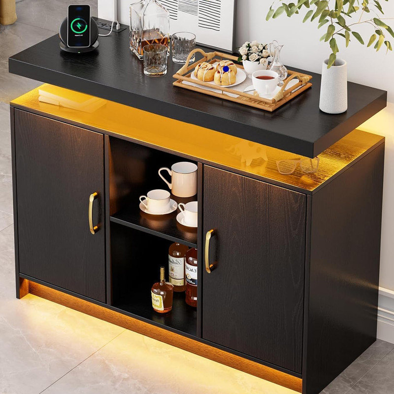 LED Lights Coffee Bar Cabinet with Storage, Sideboard Buffet Cabinet with Charging Station, Black