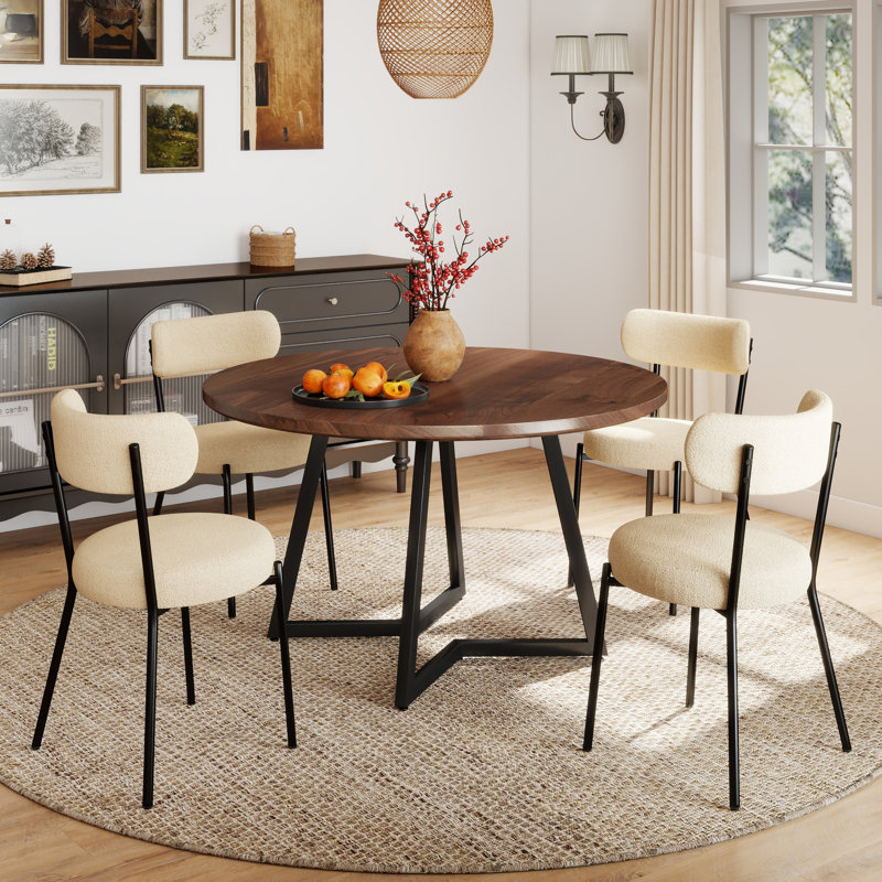 Modern Farmhouse Kitchen Dining Table Set, White, 7, Walnut