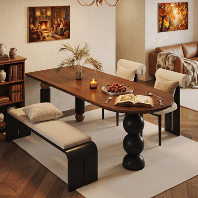 55.1" Asymmetrical Dining Table, Walnut Half-Oval Kitchen Table with Stacked Ball Pedestal & Cylinder Legs, Modern Organic 4-Person Dining Table