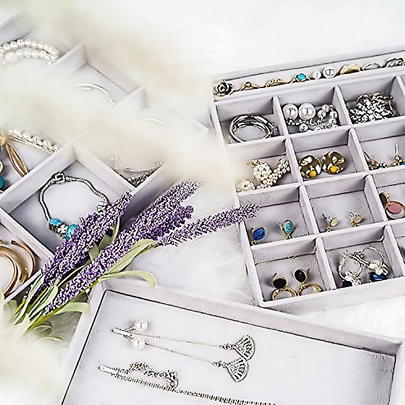 3 Stackable Jewellery Trays Organizer Set For Drawers, Jewellery Drawer Insert Divider Jewel Display Storage With Removable Dividers -Grey