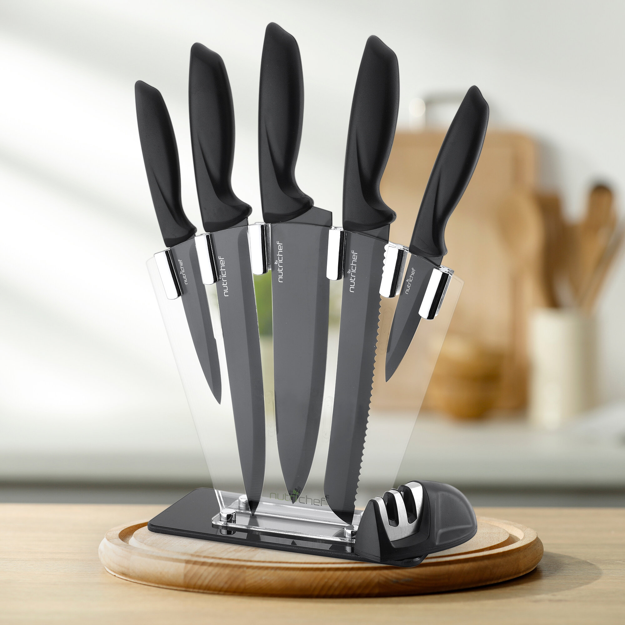 MasterChef Knife Block Set of Kitchen Knives, 5pc Stainless Steel Cooking  Knife Collection incl. Paring, Carving, Bread, Santoku & Chef Knife with