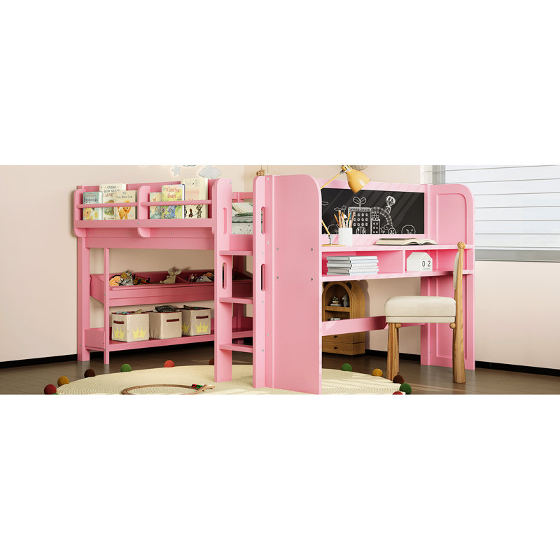 Full Loft Bed, Pink, Solid Wood, Multi - Storage, Blackboard, Educational Fun Play Area, ', Pink