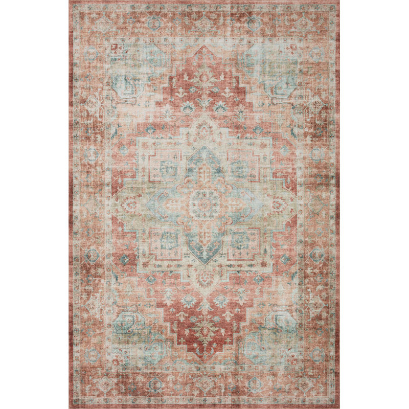 Tapis terre cuite / turquoise Jujhar, Rectangle 6 pi x 9 pi