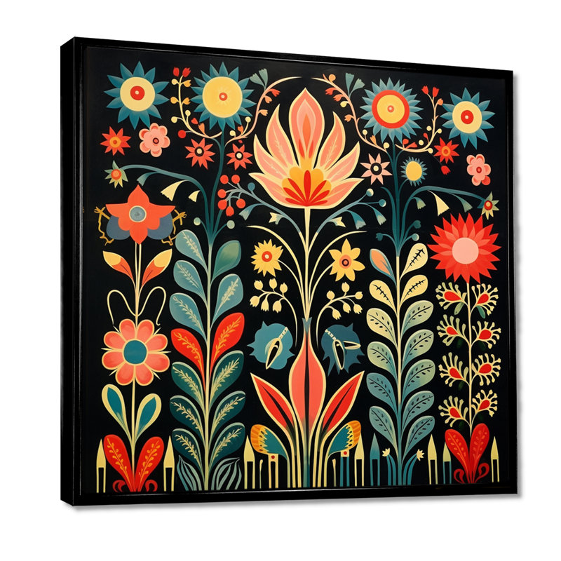 Décoration murale rétro fleurs vibrantes II - fleurs sauvages, Toile avec cadre flottant noir, H 16 po x l 16 po x P 1 po