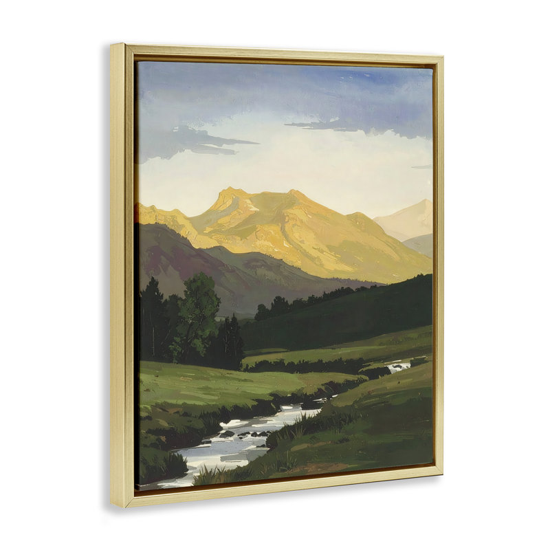 Cadre flottant de montagne à travers la vallée, design par Alonza Saunders, H 31 po x l 25 po, Cadre flottant métallique doré