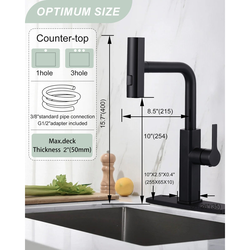 Robinet de cuisine à 3 poignées avec douchette rétractable à 3 modes avec plaque de pont et conduites d'alimentation