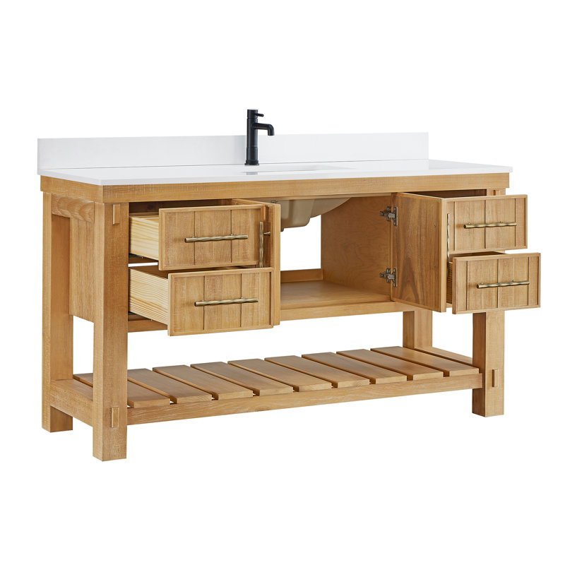 Meuble-lavabo simple 60 po Wiegers en gris acacia classique avec plateau en pierre de quartz blanc pur