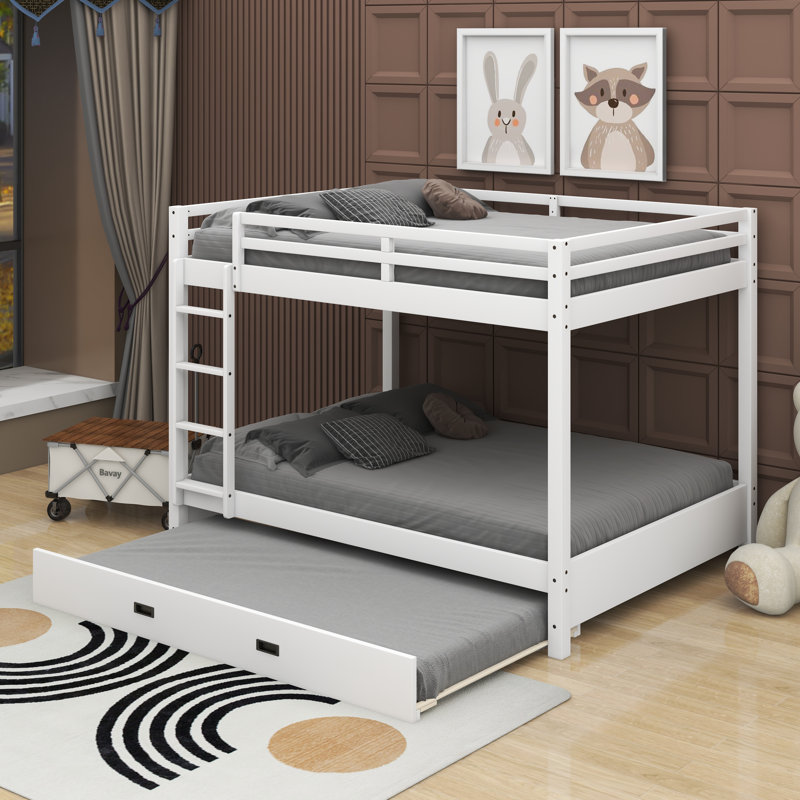 Wood Queen Size Bunk Bed With Ladder And Trundle, White