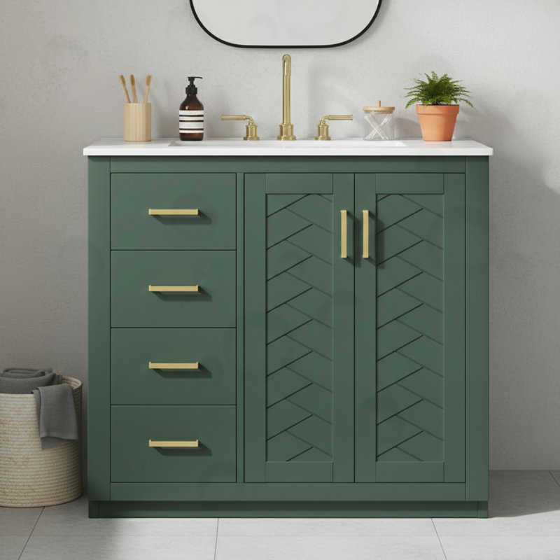 Meuble-lavabo de salle de bain avec lavabo, 3 tiroirs, Vert