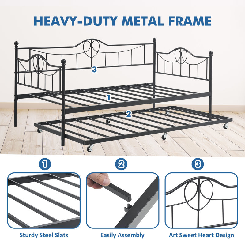 Heart-shaped Headboard,stylish Black Twin Daybed With Trundle – Space-saving Metal Sofa Bed For Living Room & Guest Room, Supports 350 Lbs, Easy Assembly, Smooth 360° Wheels,black