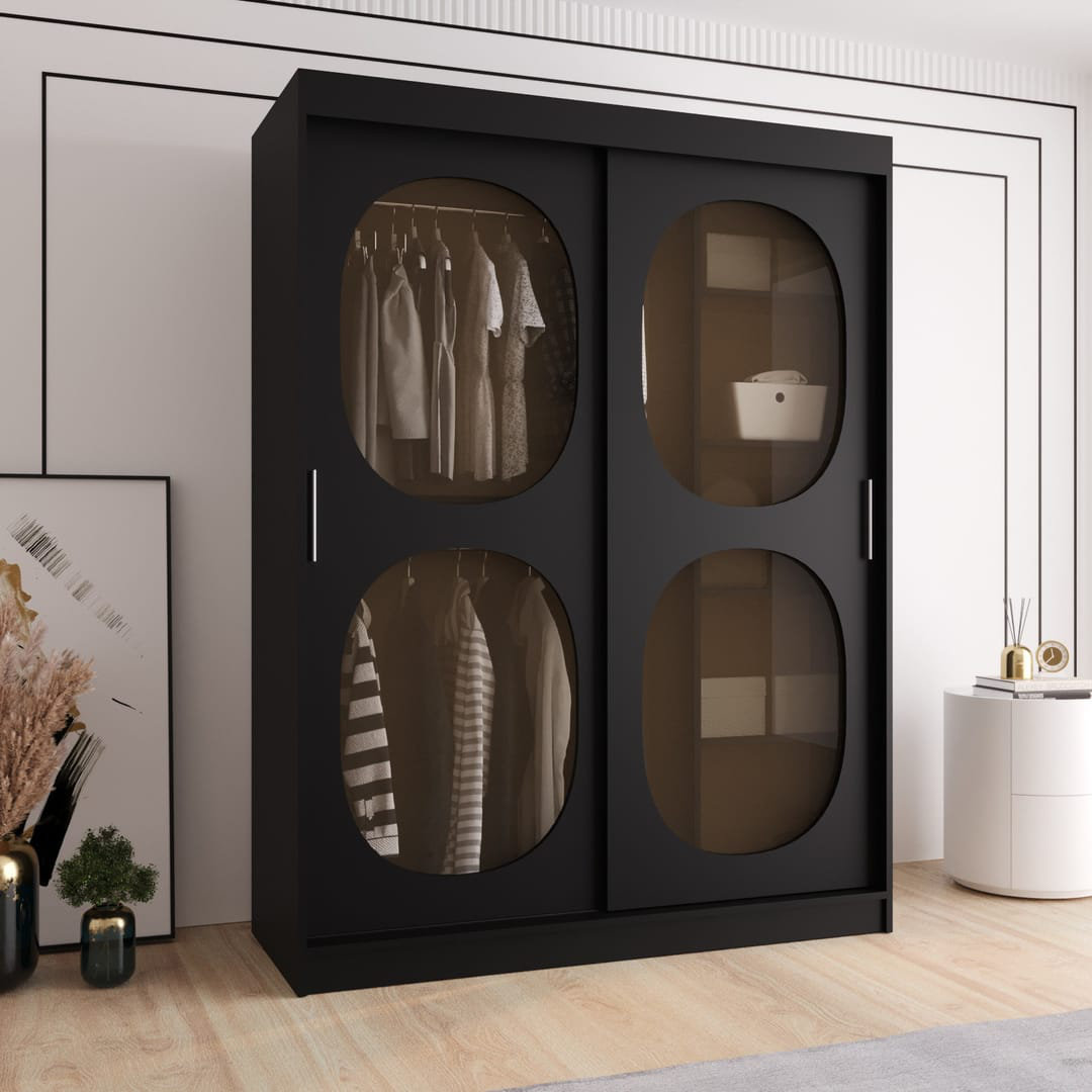 Bahrain II Black Sliding Door Wardrobe 150cm - Smoked Glass, Sleek Storage