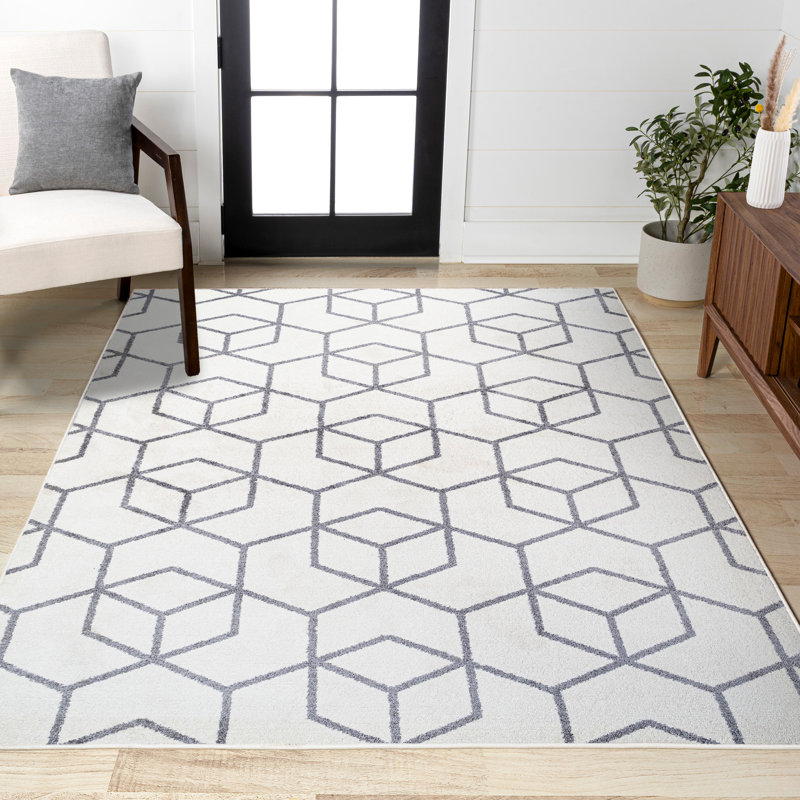 Amuda Blocks Modern Geometric White/Gray Rug, Rectangle 7'9" x 10'