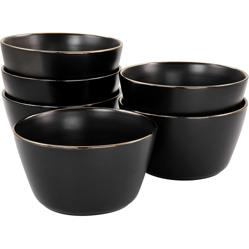 Ensemble de 6 bols en grès avec garniture dorée, bols à base plate pour le service, allant au micro-ondes et au lave-vaisselle