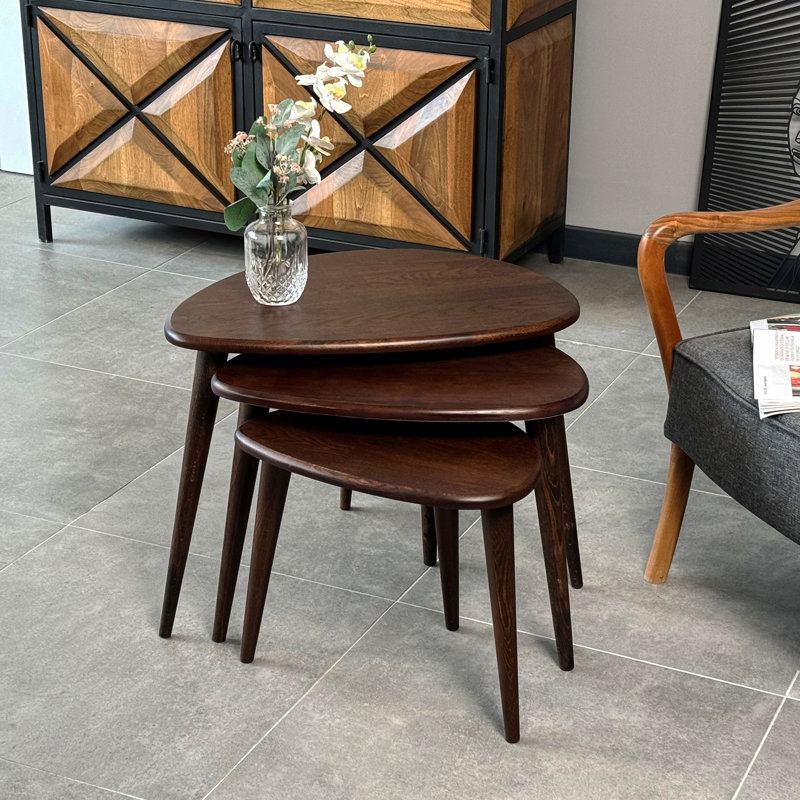 Chestnut Round Walnut and Beech Nesting Tables Set