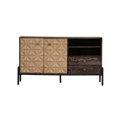 56.30" Midcentury Modern Sideboard Cabinet Solid Wood & MDF 3D Geometric Pattern Buffet, 2 Doors + 2 Drawers Storage Console Table For Living Room/Di