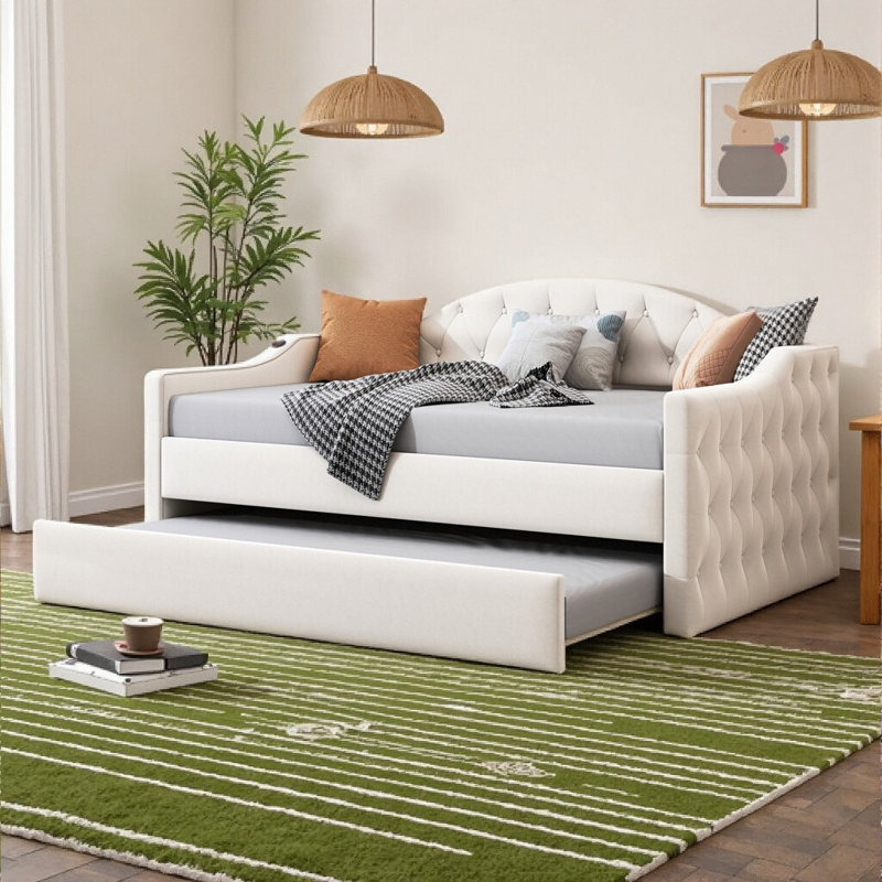 Lit de jour simple capitonné avec lit gigogne, Beige