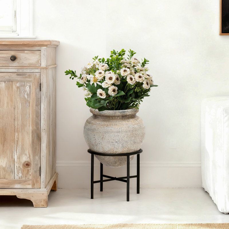 Pot à fleurs de 21 po de hauteur avec support en métal, pot rustique pour l'intérieur ou l'extérieur