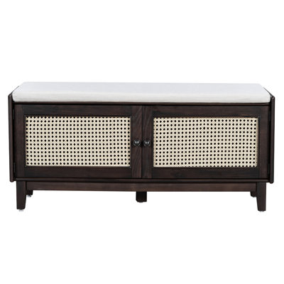 Bohemian Entryway Bench With Storage, 4 Compartments, 3-Level Adjustable Height, Double Doors, Cushioned Seat, + Beige, For Efficient Storage Daily Life