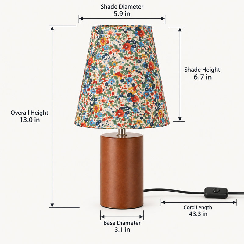 Lampe de table en noyer avec abat-jour en tissu à motif floral, petite lampe de chevet de 33 cm pour chambre, table de chevet et salon