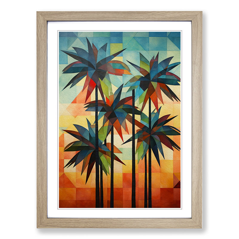 Palm Tree Geometric - Single Picture Frame Print on Wood, 34cm H x 25cm W x 2" D, Oak Framed