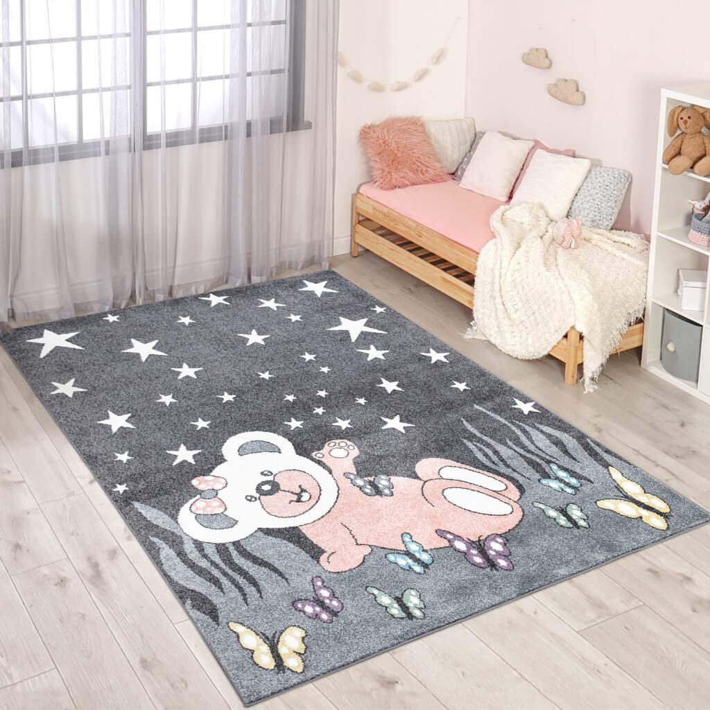 Kinderteppich Anime 916 Grau Teddy Bär Schmetterlinge Sterne Kinderzimmer Kurzflor Gything