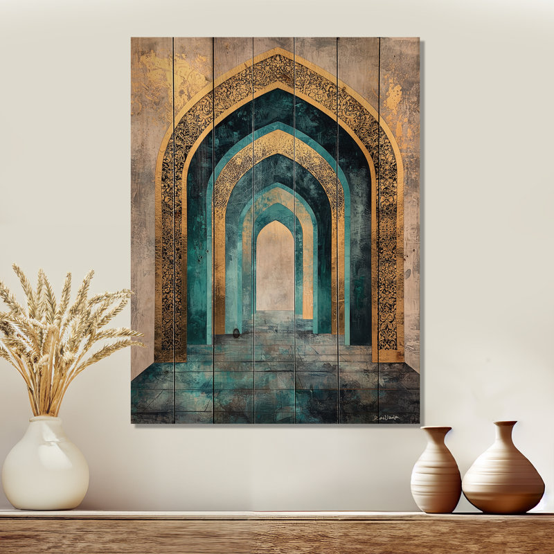 Voyage doré de grès arches II - décoration murale en bois de l'islam sur bois de pin naturel, H 44 po x l 34 po