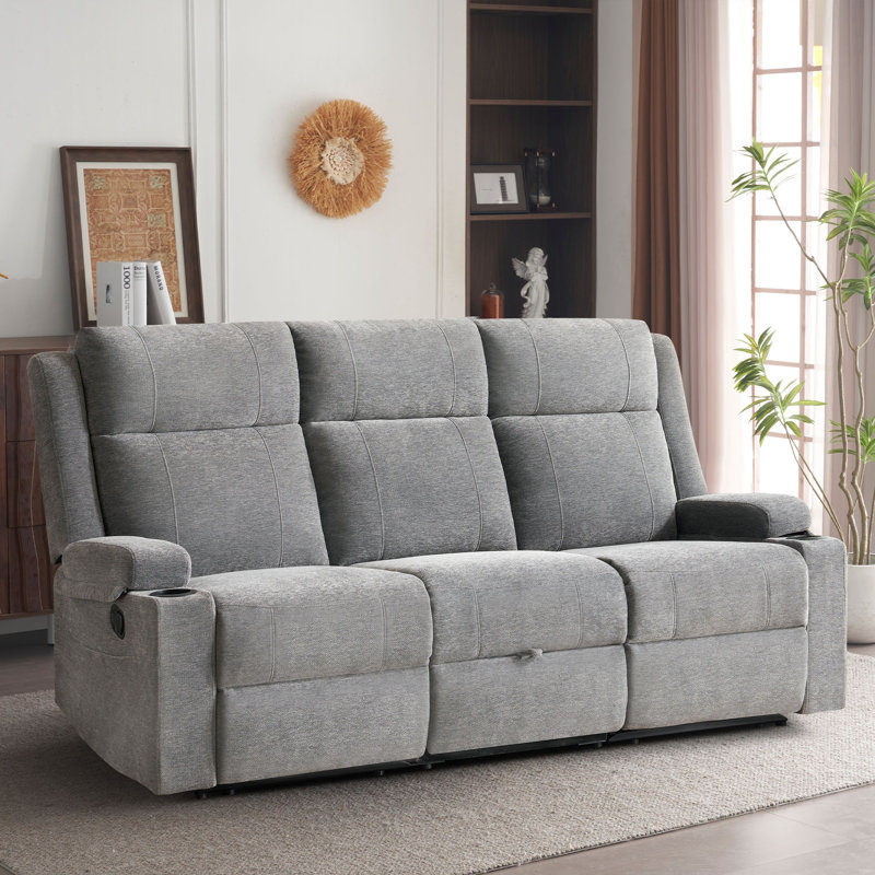 Canapé inclinable 3 places avec porte-gobelets et tiroir de rangement - tissu chenille doux, Gris