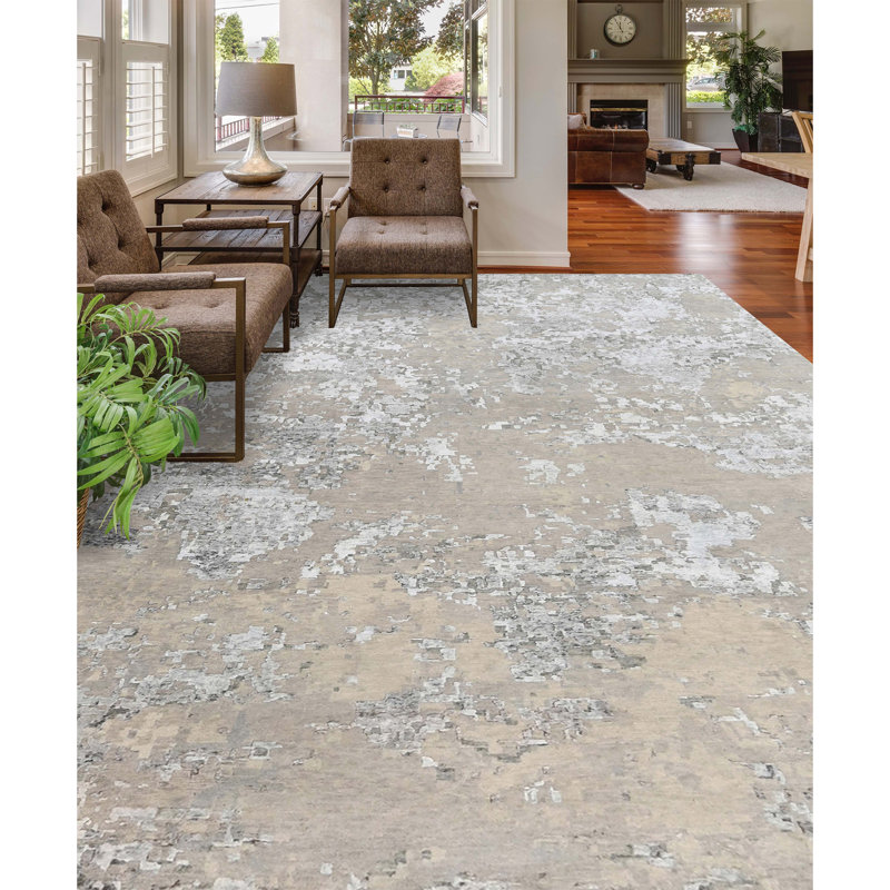 Abstract Area Rug in Silver And Grey, Rectangle 10' x 14'
