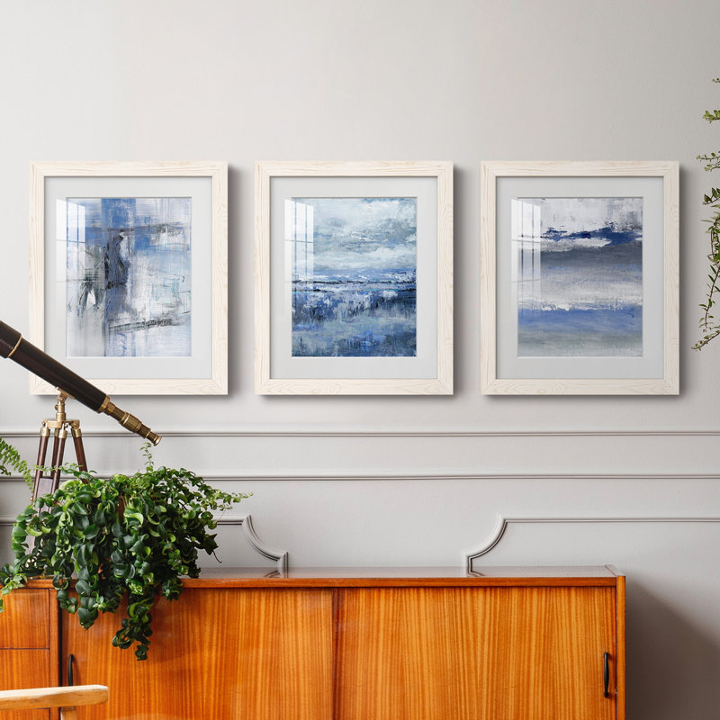 «Soft Solace Indigo», ensemble de 3 cadres photo, H 31,5 po x l 43,5 po x P 1 po, Blanc