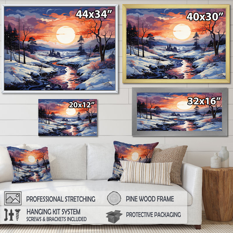 «Beautiful Country Charm In Winter V», reproduction sur toile, H 34 po x l 44 po x P 1,5 po, Cadre flottant doré