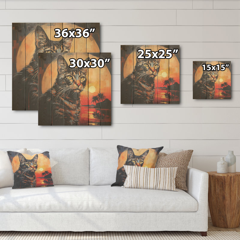 Savannah, chat au coucher du soleil - Art mural en bois sur bois de pin naturel, H 25 po x l 25 po